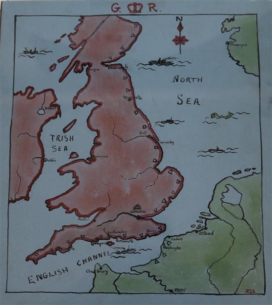 Militaria: Map of UK taken from the fabric of a Heinkel III shot down while raiding Portsmouth August 1940, 18 x 16cm